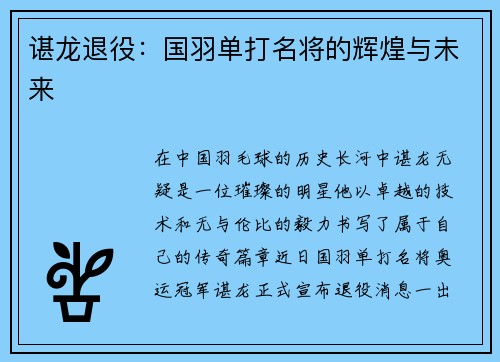 谌龙退役：国羽单打名将的辉煌与未来